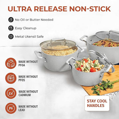 Granitestone Gray Pots and Pans Set Nonstick, 6 Stackable Piece Cooking Pots Set - Image 2