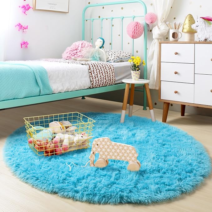 Amdrebio Blue Round Rug 5Ft for Bedroom, Fluffy Circle Area Rugs for Kids Room - Image 3