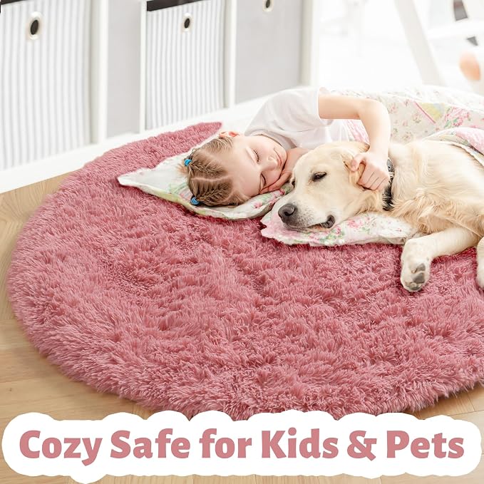 Blush Pink Big Round Rug 7Ft for Kids Bedroom, Fluffy Fuzzy Furry Circle Area - Image 2