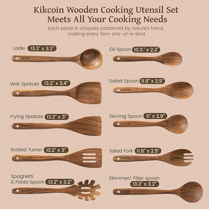 Kikcoin 10 PCS Durable Natural Teak Wooden Cooking Utensil Set, Non Toxic - Image 2