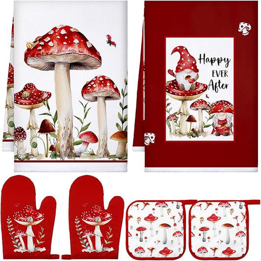 Bencailor 6 Pcs Mushroom Kitchen Towels Oven Mitts and Pot Holders Decorative by Bencailor