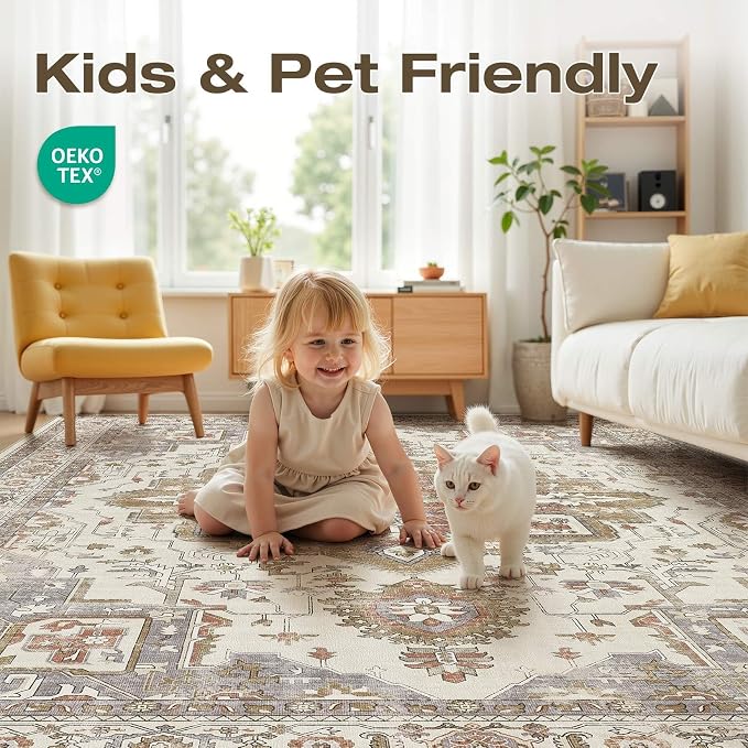 8x10 Washable Area Rugs for Living Room, Large Rug Non Slip Backing Vintage - Image 3