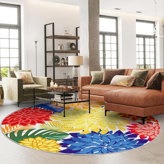 Colorful 6FT Outdoor Round Area Rug Washable Rugs Multicolored Patio Rug - Image 2