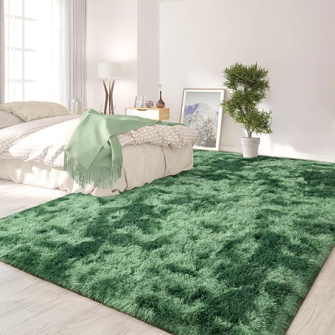 FlyDOIT Large Area Rugs for Living Room, 5x8 Feet Tie-Dyed Green Shaggy Rug - Image 3