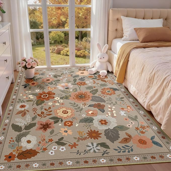 RELEANY Floral 4x6 Area Rugs Washable Print Boho Cute Carpet Non Slip Flower by RELEANY