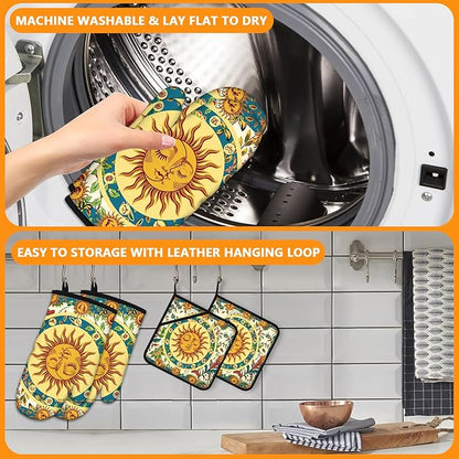 Sun and Moon Oven Mitts and Pot Holders Sets 4Pcs, Extra Long Oven Gloves - Image 5