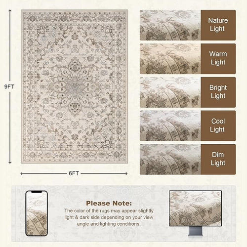 6x9 Area Rugs Living Room Rug: Washable Vintage Distressed Floral Rug No Slip - Image 2