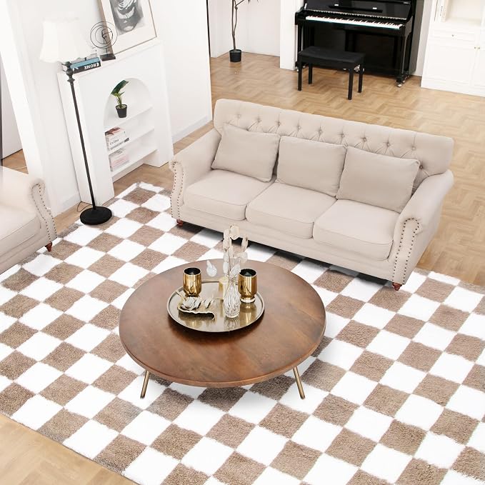 Super Soft Rug for Bedroom, 3x5 Ft Beige and White Area Rug Classic Checkered - Image 8
