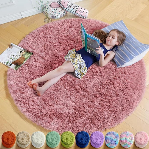 Amdrebio Blush Fluffy Round Rug 4Ft by Amdrebio
