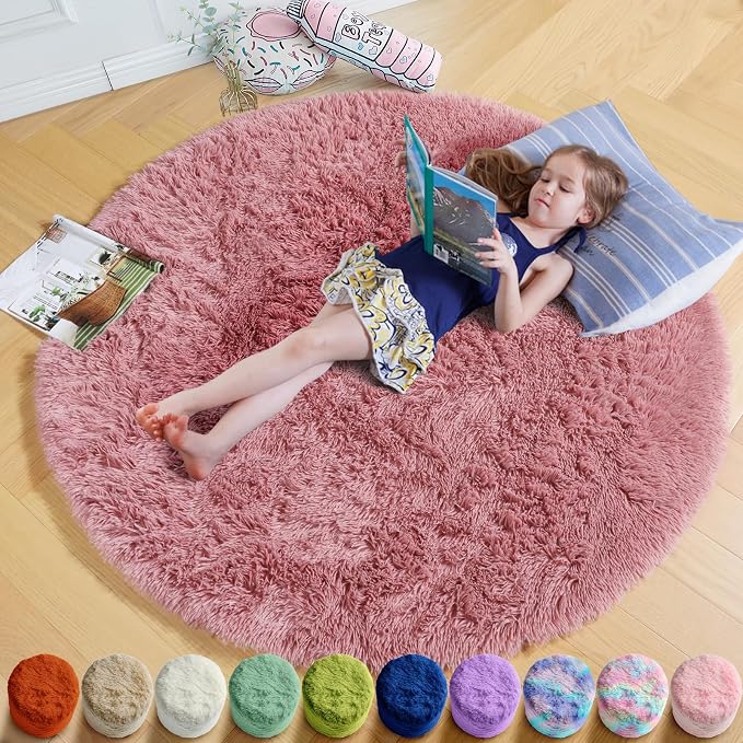 Blush Fluffy Round Rug 5Ft for Bedroom, Fuzzy Plush Circle Area Rugs for Baby by Amdrebio