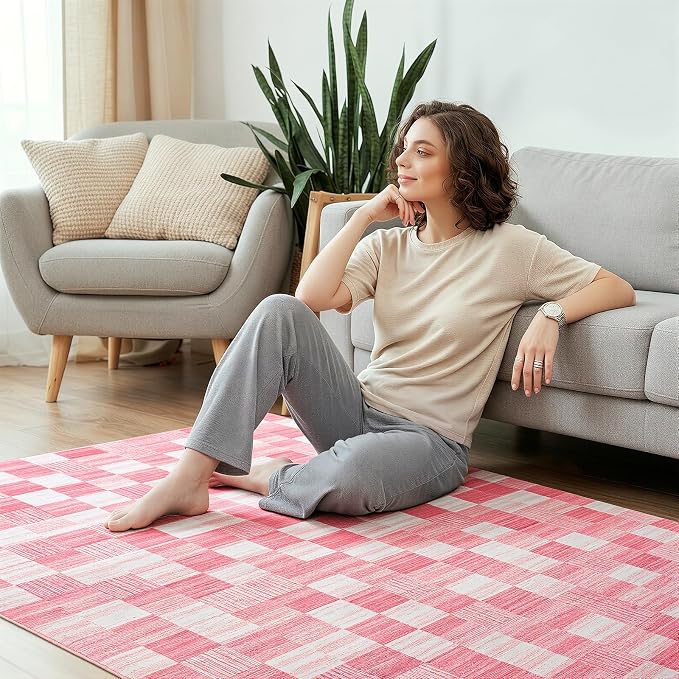 Terrug Pink Checkered Rug for Living Room, 5x7 Area Rugs Washable - Image 3
