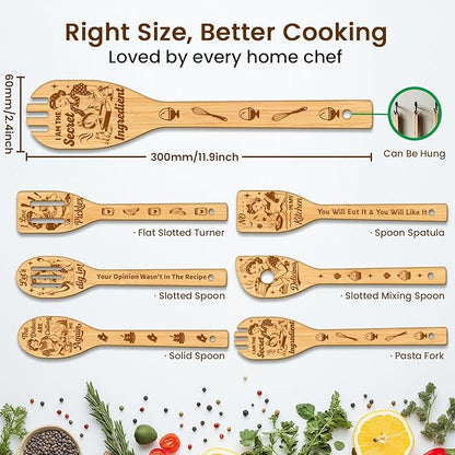 CUTHOLLOW 6PCS Retro Housewife Wooden Kitchen Cooking Utensil Set, 11.9in Non - Image 2