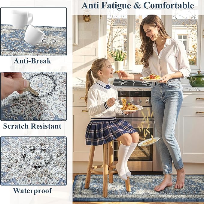 Collive Boho Blue Kitchen Mats Cushioned Anti Fatigue Mats, Non-Slip Kitchen - Image 6