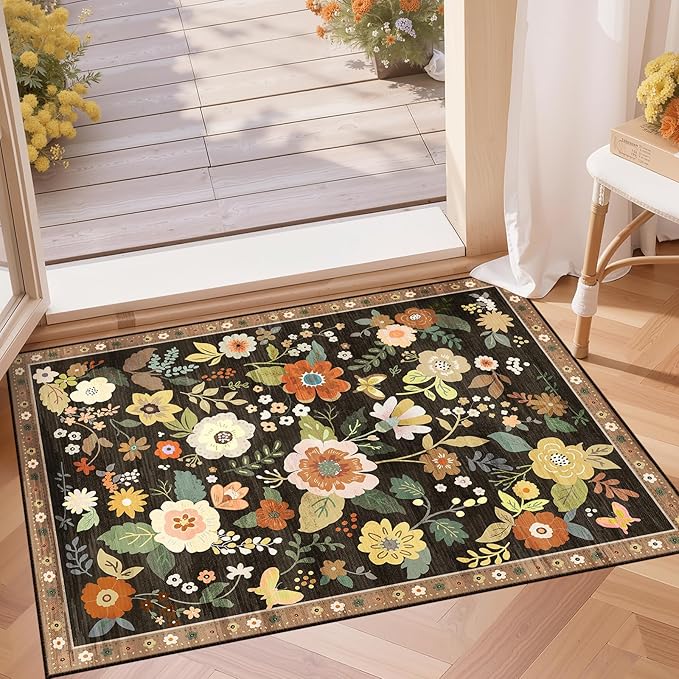 RELEANY Floral 2x3 Area Rugs Washable Print Boho Cute Carpet Non Slip Flower by RELEANY