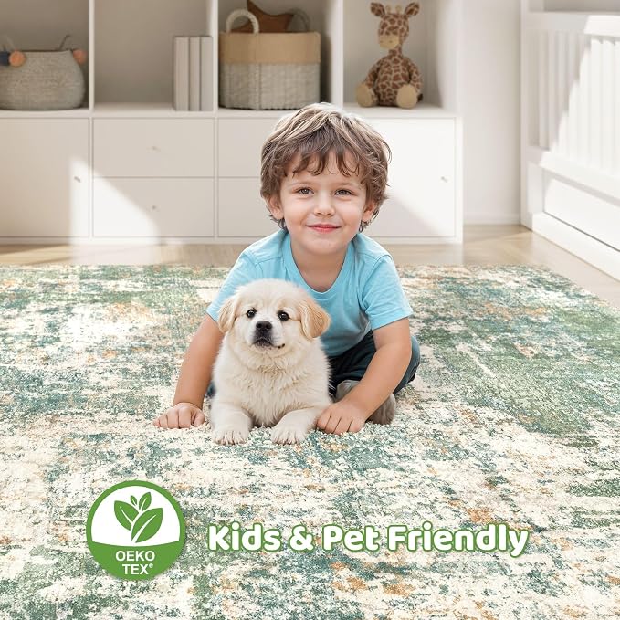 5x8 Area Rug Living Room: Washable Large Abstract Soft Green Rugs Stain - Image 7