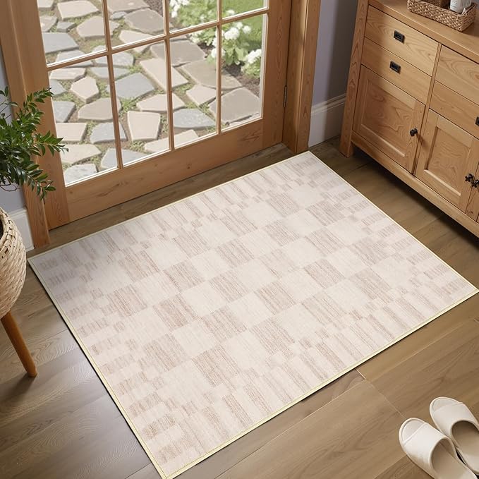 GarveeHome Beige Checkered Rug 2x3 Washable Rug Non-Slip by GarveeHome