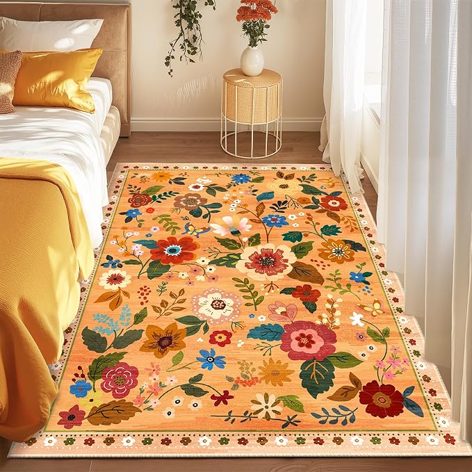 RELEANY Floral 3x5 Area Rugs Washable Print Boho Cute Carpet Non Slip Flower by RELEANY