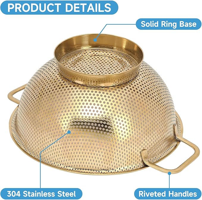 2PCS Gold Strainer for Kitchen, 3QT and 5QT, Stainless Steel Colander - Image 5