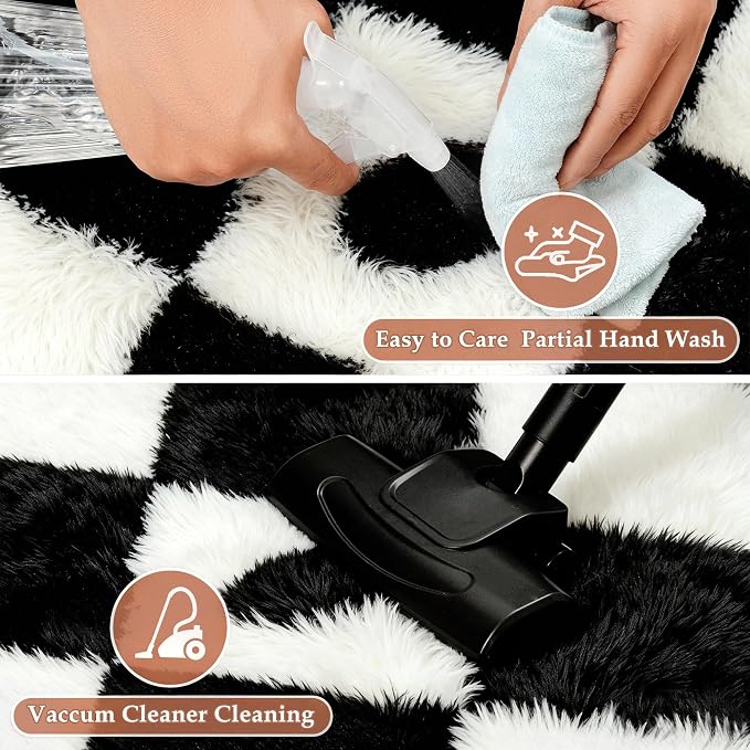 PureCozy Checkered Rug 8x10 Fluffy Shag Living Room Black and White Area Rug - Image 5