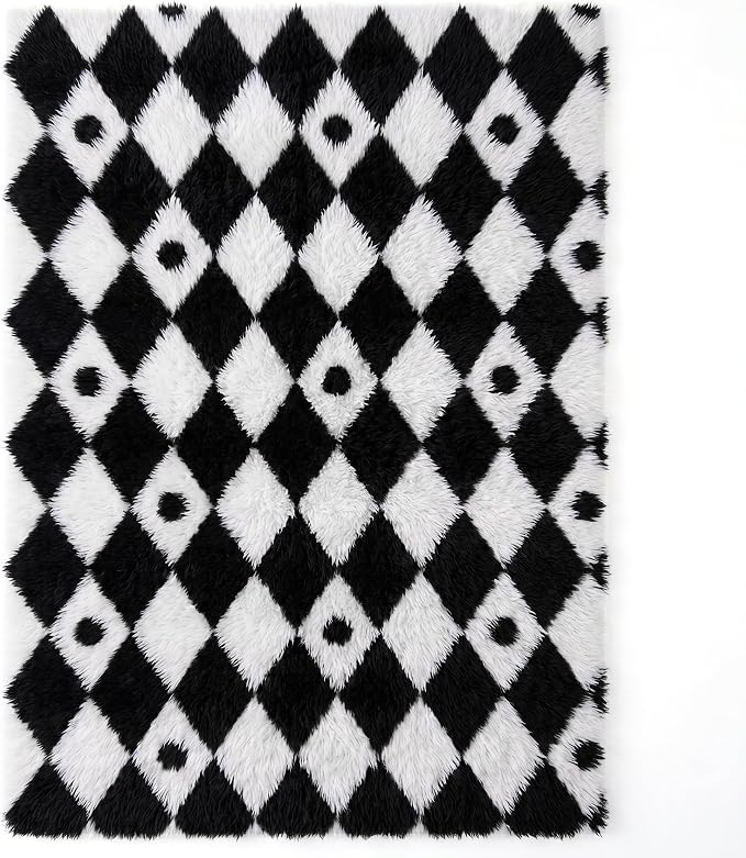 PureCozy Checkered Rug 5x7 Fluffy Shag Living Room Black and White Area Rug - Image 7