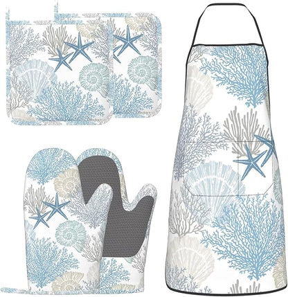 Nautical Coastal Oven Mitts Pot Holders Blue Cooking Apron Set of 5 Silicone by Unknown