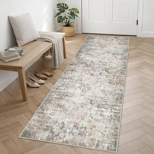 2.6'x8' Runner Rug Washable Rug;Modern Abstract Soft Thin Runner Rug Brown Grey - Image 2