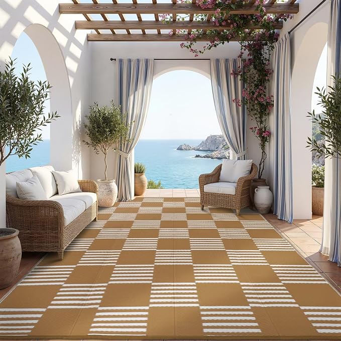 Garvee Waterproof Outdoor Rug 9x18, Checkered Foldable Plastic Straw Patio - Image 7