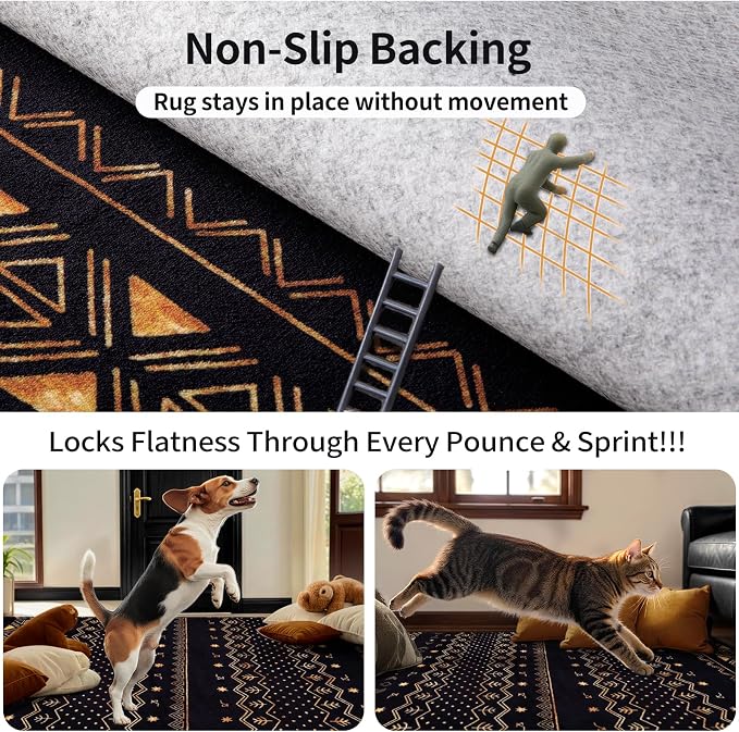 SERISSA 5x7 Area Rugs for Living Room, Washable Non-Slip Black and Gold Boho Rug - Image 6
