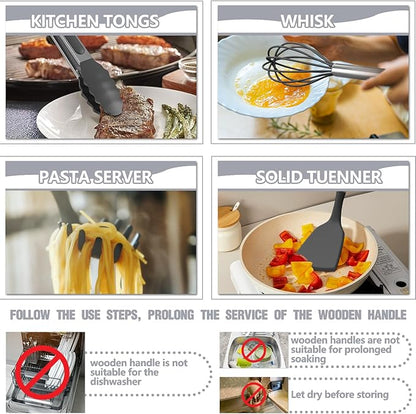 Umite Chef Silicone Kitchen Utensil Set, Wood Handles - Image 3