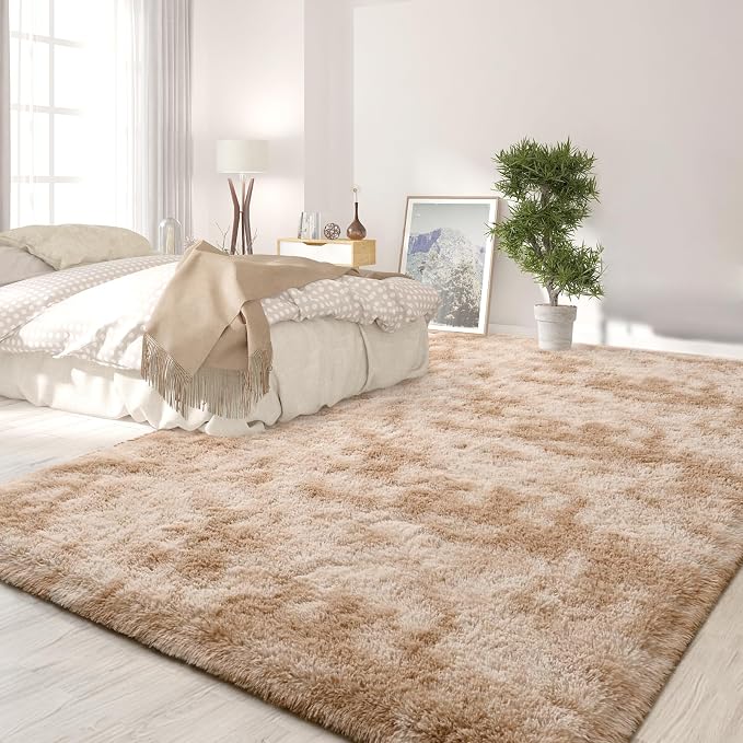 FlyDOIT Large Area Rugs for Living Room, 5x8 Feet Tie-Dyed Beige Shaggy Rug - Image 3