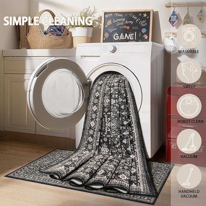 Washable 4x6 Entryway Rug Dark Grey, Non-Slip Low Pile Geometric Area Rug - Image 8
