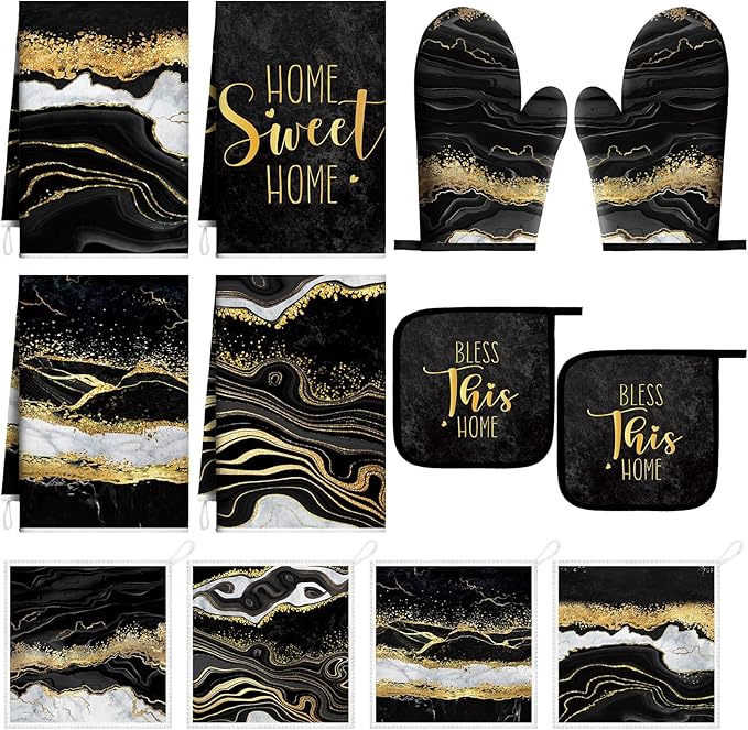 Bencailor 12 Pcs Marble Kitchen Decor and Accessories Sets 4 Black and Gold by Bencailor