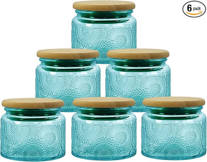 4 oz Blue Mini Glass Jars with Airtight Bamboo Lids 6 pack, Decorative Small by LINGSHINE