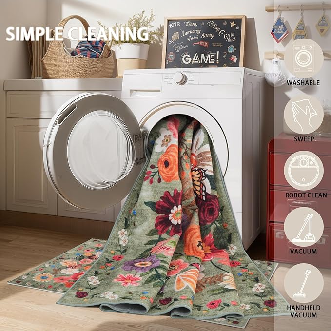 Floral Machine Washable Rug Green, 3x5 Rug Non Slip Soft Bedroom Rugs - Image 6