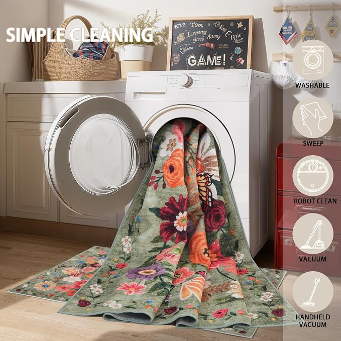 Area Rugs 9x12 Living Room Washable Rug Non Slip Floral Low Pile Large Rug - Image 5