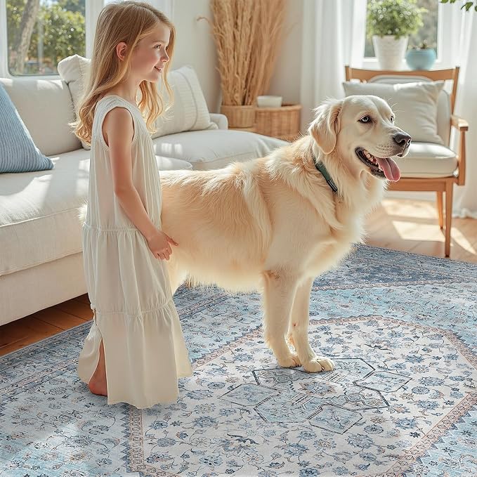 DCX Blue 5x7 Rug, Machine Washable Stain Resistant Kid & Pet Friendly - Image 3