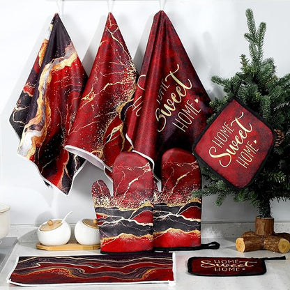 Leinuosen 8 Pcs Burgundy Marble Kitchen Towels and Dishcloths Sets Oven Mitts - Image 7