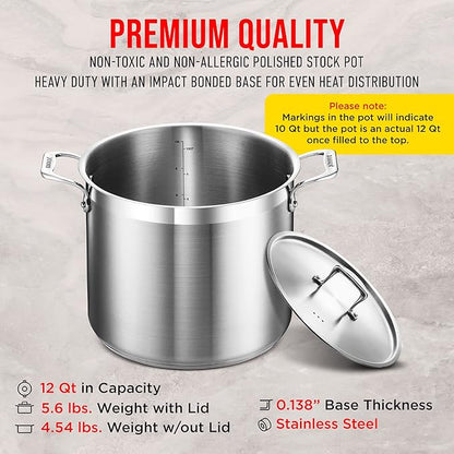 Stainless Steel Stockpot with Lid 12 Quart, Durable 18/8 Stainless Steel - Image 6