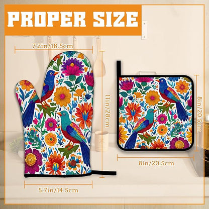 Colorful Bird Oven Mitts and Pot Holders, Flowers Mexican Style Heat Resistant - Image 2