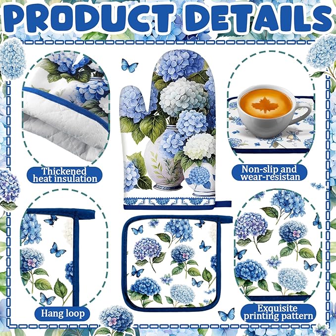 Fanfanwin 10 Pcs Chinoiserie Blue White Hydrangea Kitchen Decor Set Blue and - Image 4