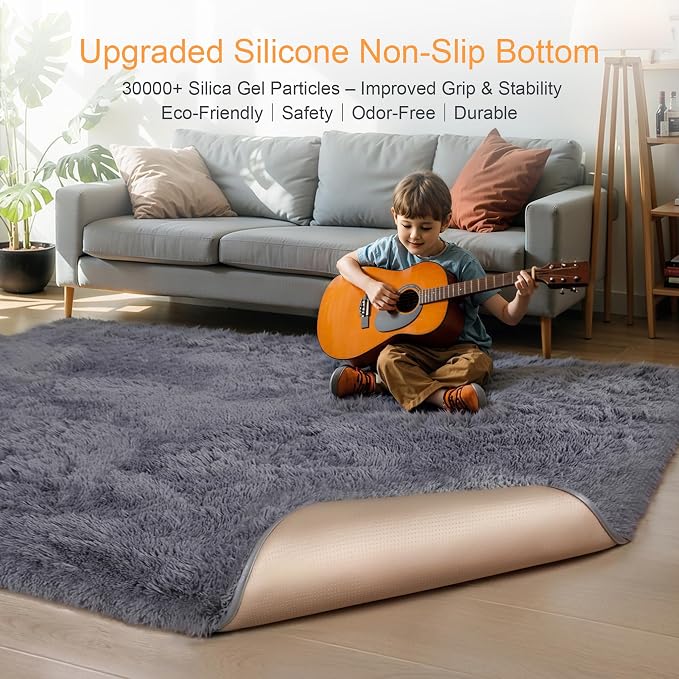 KICHOWUA Thick Area Rug Grey Fluffy Shag 3x5 - Image 4