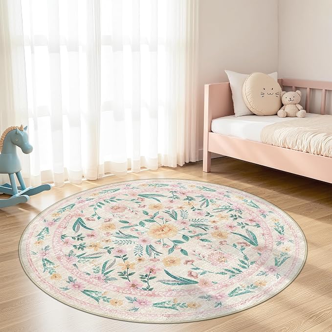 Pink Floral Round Rug 6ft, Washable Boho Circle Area Rug - Image 7