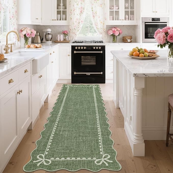 GarveeHome Scalloped Bow Rug for Living Room, Solid Green Rug for Dorm - Image 2
