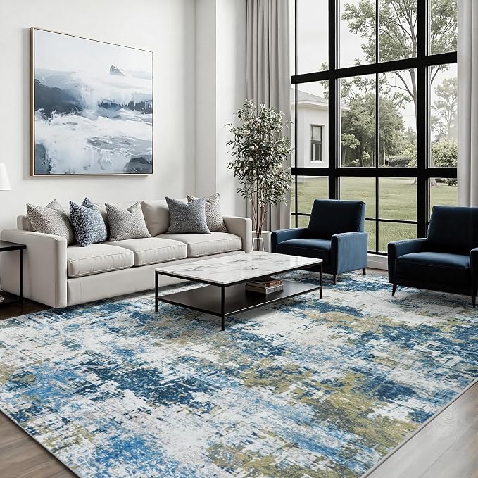 4x6 Area Rugs for Living Room Washable: Abstract Soft Thin Low Pile Blue Rug - Image 3