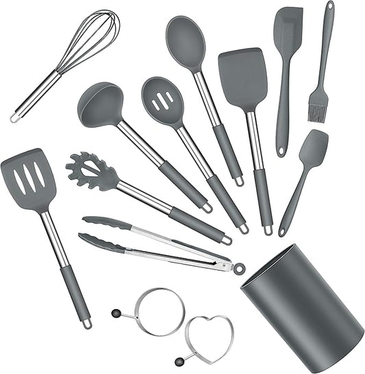 Silicone Cooking Utensils Set, E-far 14-Piece Gray Kitchen Utensils Set by E-far
