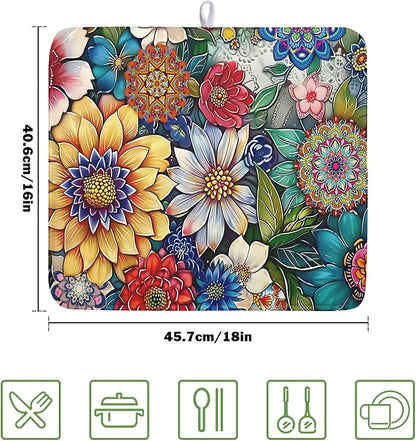 Boho Floral Dish Drying Mat for Kitchen Counter 16x18 Inch Boho Blooming Flower - Image 2