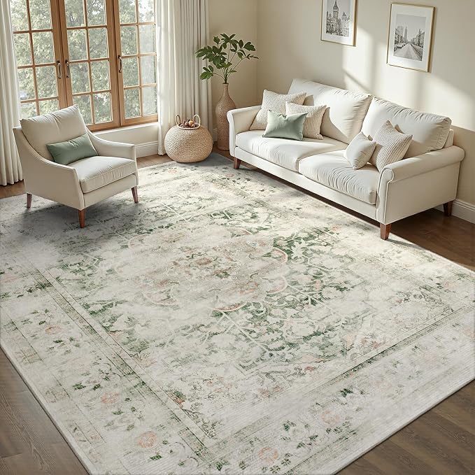 DCX 6x9 Green Rug, Machine Washable Stain Resistant Distressed Vintage Rug by DCXWashableRug