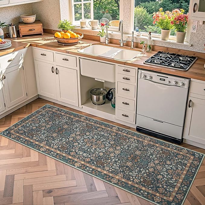 jinchan Zenith Floral Runner Rug 2x5 Washable Kitchen Runner Non-Slip Low-Pile - Image 9