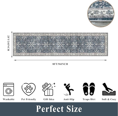 2x8ft Washable Non Slip Kitchen Rugs – Boho Floral Stain-Resistant Low-Pile - Image 2