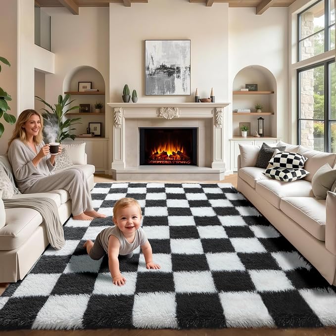 KICMOR 6x9 Area Rugs for Living Room Bedroom, Large Black and White Checkered by KICMOR